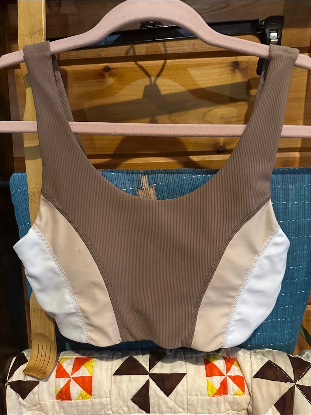 WILO Taupe & White Sports Bra - mark on front